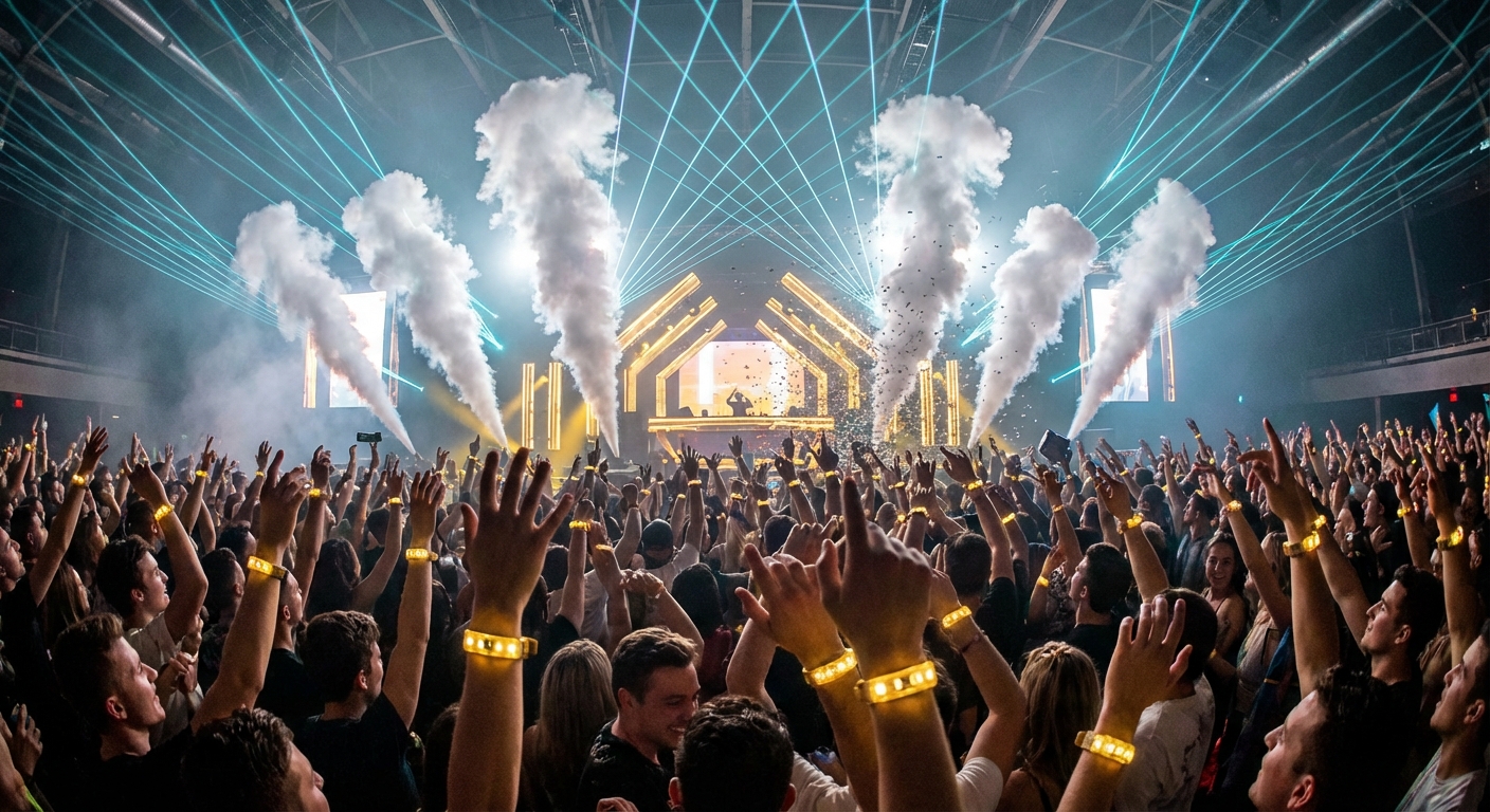 Party crowd with golden lights