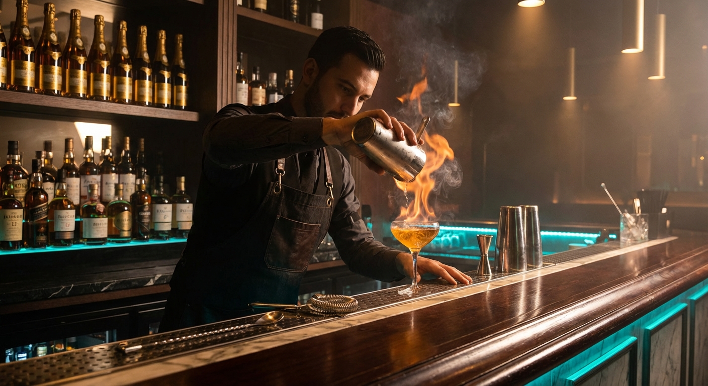 Luxury bar with fire cocktails