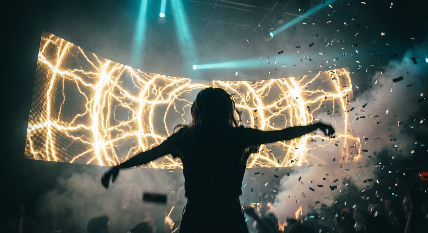 Dancer silhouette against LED screen